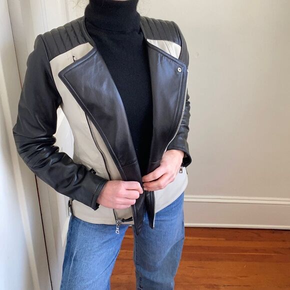 Coach Black & White Leather Moto Jacket - Picture 3 of 16